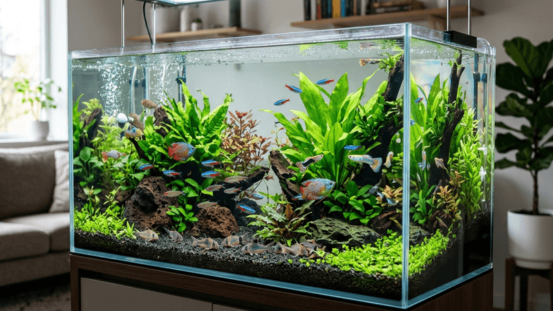 Beautifully planted freshwater aquarium with colorful tropical fish